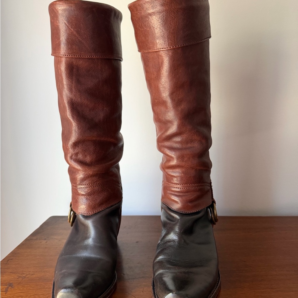 Juicy Couture 2 tone brown leather knee high stirrup boots